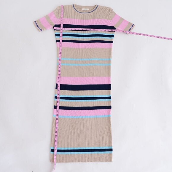 All Row Beige with Navy & Pink Stripe Bodycon Midi Short Sleeve Dress Medium - Picture 5 of 15
